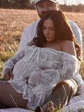 Plataz White Lace Off Shoulder Bow Drawstring Ruffle Flare Sleeve Elegant Baby Shower Maternity Mini Dress Maternity