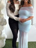 Plataz Light Blue Mesh Off Shoulder Ruched Mermaid Elegant Maternity Baby Shower Maxi Dress Maternity