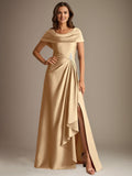 Plataz Scoop Floor-Length Stretch Satin Mother of the Bride Dress With Cascading HZ1007