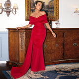 Plataz Red Satin off-the-Neck Elegant Lady Short Sleeve Long Pattern High-Grade Chest-Wrapped Evening HZ1007