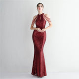 Plataz Craft Beading Cocktail Evening Dress Elegant Long Halter Slim Fit HZ1007