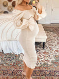 Plataz Ruffle Off Shoulder Long Sleeve Bodycon Baby Shower Maternity Midi Dress Maternity