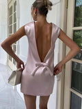 Plataz Satin Mini Dress For Women Sexy Backless Bow Clothes Sleeveless Tank Dresses Femme 2025 Party Elegant Evening Dress HZ1007