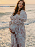 Plataz Ruffle Ruched High Waist Puff Sleeve Cute Photoshoot Maternity Maxi Dress Maternity