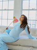 Plataz Blue Knit Ruched Off Shoulder Flare Sleeve Bodycon Elegant Cocktail Party Gown Maternity Photoshoot Baby Shower Maxi Dress Maternity