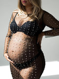 Plataz Mesh Solid Color Beading Pearl Rhinestone Long Sleeve Cover-ups Side Slit Photoshoot Maternity Maxi Dress Maternity