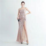Plataz Density Sequin Pleated Side Slit Sling Long Evening HZ1007
