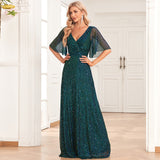 Plataz See Through Sleeve Pairs V Neck Pleated A Large Swing Evening Dress Wedding Sequined Mop HZ1007
