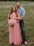 Plataz Pink Boho Flowy Bump Friendly Off Shoulder Photoshoots Maxi Dress Maternity