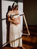 Plataz Ivory White Two Piece Set Off Shoulder Ruffle Falbala Bodycon Elegant Maternity Boho Photoshoot Baby Shower Maxi Dress Maternity