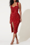 Plataz Sexy Patchwork Sequins Slit Spaghetti Strap Evening Dress HZ1007