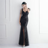 Plataz Mesh Craft Beaded Party Dress Long Cocktail Slim Fit Evening Dress Elegant HZ1007