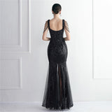 Plataz Mesh Craft Beaded Party Dress Long Cocktail Slim Fit Evening Dress Elegant HZ1007