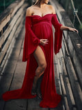 Plataz Solid Off Shoulder V-neck Slit Flare Sleeve Party Long Train Gown Maternity Photoshoot Maxi Dress Maternity