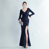 Plataz Feather Cuff Sequined Fishtail Evening Dress with Side HZ1007