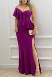 Plataz Elegant Solid Flounce Slit Asymmetrical One Shoulder Evening Dress HZ1007