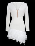 Plataz Deep V Neck Mini Dress For Women Feathers Patchwork Sexy Bodycon Dresses Ladies Slim Solid Party Prom Dress Woman HZ1007