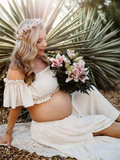Plataz Solid Color Bohemian Off Shoulder Backless Ruffle 2 piece set Photoshoot Maternity Maxi Dress Maternity