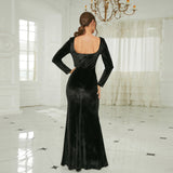 Plataz Sexy Long-Sleeved Long Velvet Square Collar Annual Meeting Split Evening Dress Bridesmaid Dress Women HZ1007