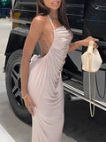 Plataz Beige Ruched Halter Neck Backless Bodycon Fashion Maternity Midi Dress Maternity
