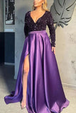 Plataz Long Sleeves V-Neck Sequins Satin Prom HZ1007