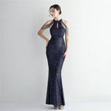Plataz Craft Beading Cocktail Evening Dress Elegant Long Halter Slim Fit HZ1007