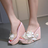 Plataz Cool Slippers Shop Hundred Korean Version Of Fashion Beaded Flowers Summer Transparent Slope And Thick Bottom Slippers High Quality Shoes