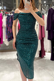 Plataz Solid Sequins Slit Off the Shoulder Evening Dress Dresses(3 HZ1007