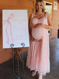 Plataz Light Pink Polka Dot Bow Ruffle Falbala Tie-Shoulder A-line Tulle Princess Dress Maxi Dress Maternity