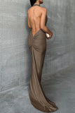 Plataz Solid Backless Fold Halter Evening HZ1007