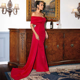 Plataz Red Satin off-the-Neck Elegant Lady Short Sleeve Long Pattern High-Grade Chest-Wrapped Evening HZ1007