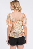 Plataz Floral Chiffon Smocked Square Neck Peplum Top DJPT