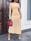 Plataz Sleeves Skinny Pleated See-Through Solid Color Split-Joint Round-Neck Evening Dresses Maxi HZ1007