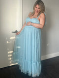 Plataz Solid Color Tulle Spaghetti Strap Backless Ruffle Lace-up Grenadine Photoshoot Gown Baby Shower Maternity Maxi Dress Maternity