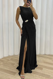 Plataz Formal Solid Slit Fold O Neck Evening Dress HZ1007