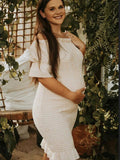 Plataz Ruffle Off Shoulder Long Sleeve Bodycon Baby Shower Maternity Midi Dress Maternity