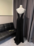 Chic Black Satin Lace-up Sheath Evening Gown Spaghetti Strap Party Dress Long Formal Dress HZ1024