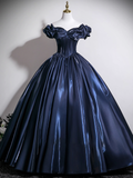 Gorgeous Navy Blue Satin Off-the-shoulder Sweet 16 Quinceanera A-Line Ruffled Evening Dress Ball Gown HZ1024