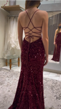 Plataz Mermaid Spaghetti Straps Burgundy Sequin Prom Dresses Party Dress SD1316 HZ0628