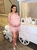 Plataz Pink Ruffle Tulle Halter Neck Backless Irregular Babyshower Maternity Mini Dress Maternity