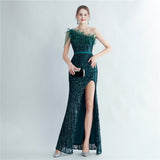 Plataz Industry Ostrich Hair Craft Beading Evening Dress with Side HZ1007