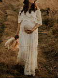 Plataz White Off Shoulder Lace Tiered Boat Neck Flowy Elegant Maternity Photoshoot Dress Maternity