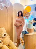 Plataz Mesh Ruched Off Shoulder Lantern Sleeve Square Neck Bodycon Elegant Party Maternity Photoshoot Baby Shower Midi Dress Maternity