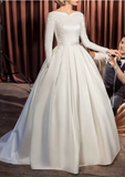 Elegant Ivory Embroidery Long-sleeve A-Line Satin Long Wedding Dress HZ1024