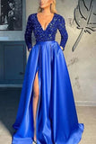 Plataz Long Sleeves V-Neck Sequins Satin Prom HZ1007