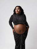 Plataz Black Mesh Rhinestone High Neck Crop 2-in-1 Midriff Bodycon Long Sleeve Photoshoot Evening Plus Size Maternity Maxi Dress Maternity