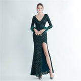 Plataz Feather Cuff Sequined Fishtail Evening Dress with Side HZ1007
