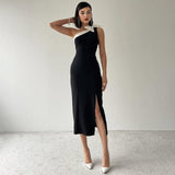 Plataz Bow Skew Collar Sexy Split Maxi Dress Women's Contrast Color Sleeveless Elegant Club Evening Dress Splice Fashion HZ1007