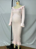 Plataz Pink Knit Falbala Ruffle Hem Single Breasted Flare Sleeve Bodycon Elegant Hoing Out Maternity Babyshower Maxi Sweater Dress Maternity