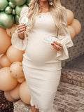 Plataz Ruffle Off Shoulder Long Sleeve Bodycon Baby Shower Maternity Midi Dress Maternity